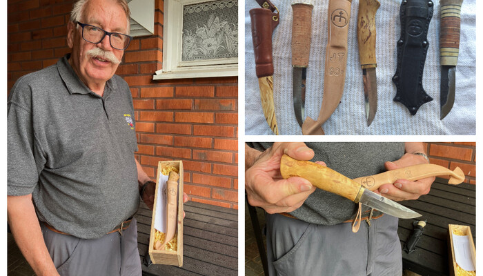 Vantaalaisen Tuomo Lovénin ensimmäinen Mänttäri-puukko syntyi kurssilla 80-vuotislahjaksi. Sen kahva on tehty visakoivusta lieksalaisen Pekka Oinosen terään. Sittemmin Mänttäri-puukkoja on syntynyt lisää. Kuvat: Marja Kytömäki ja Tuomo Lovén